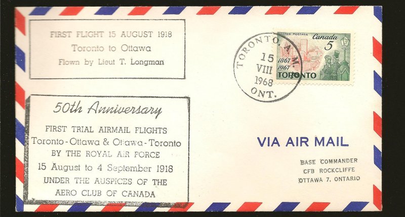 Canada 475 on 1968 50th Anniversary RCAF Toronto-Ottawa 1918 First Flight Cover