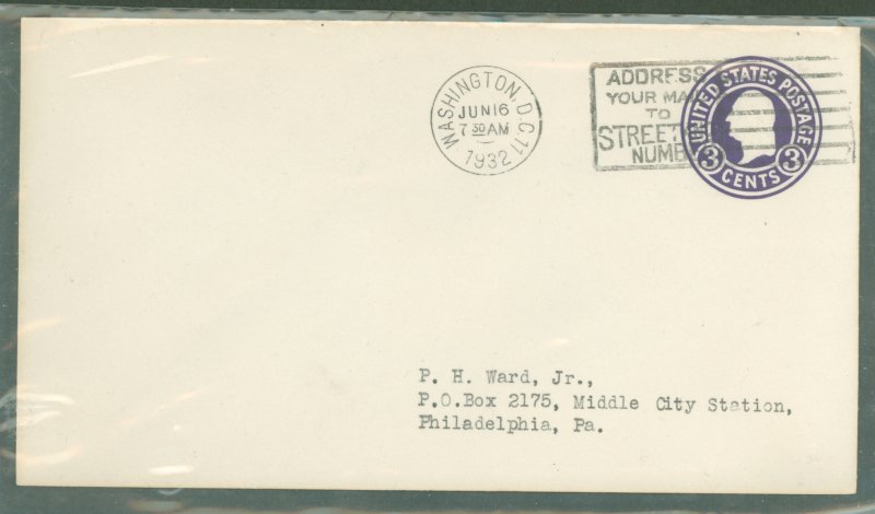 US U437 1932 3c purple washington prepaid envelope, uncacheted, addressed FDC with a washington, dc cancel