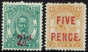 TONGA 1893 KING 2½D ON 2D AND ARMS FIVE PENCE ON 4D