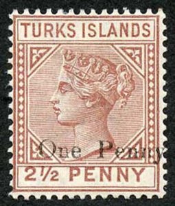 TURKS ISLANDS SG61 One Penny on 2 1/2d Red-brown m/mint