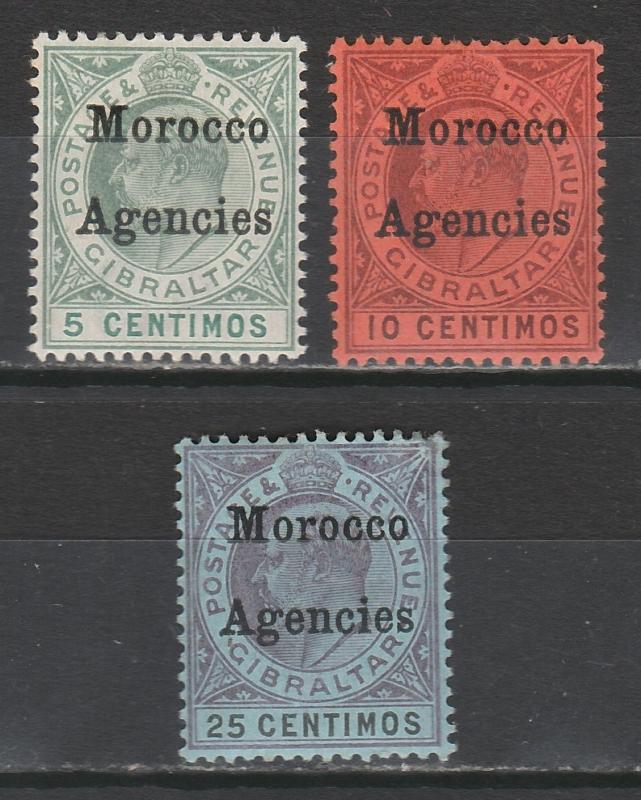 MOROCCO AGENCIES 1903 KEVII 5C 10C AND 25C WMK CROWN CA 