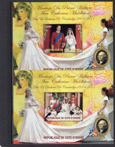 Ivory Coast  2011 Weeding Kate & William/Pippa/G.Washington 2 S/S MNH Perforated