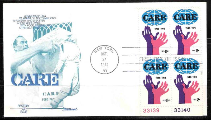 U.S. 1439 C.A.R.E. Plate Block FDC (Fleetwood)