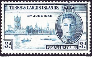 TURKS & CAICOS ISLANDS 1946 KGVI 3d Blue, Victory SG207 FU