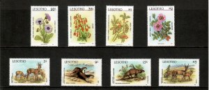 Lesotho 1987 - Animals Flowers Fauna - Set of 8 Stamps - Scott #583-90 - MNH