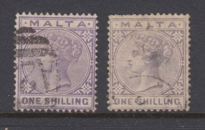 Malta Sc 13, 13a used. 1885 1sh violet & 1890 1sh pale dull violet with thin