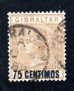 Gibraltar #28   VF, Used, 75cent on 1sh bister, CV $82.50   ..... 2440030