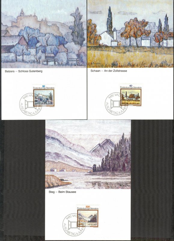 Liechtenstein 1983 Art Paintings Landscapes Architecture 3 Maxi Cards FDC