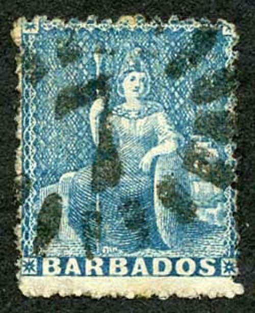 Barbados SG44 1d Blue Wmk Large Star Rough Perf 14 to 16