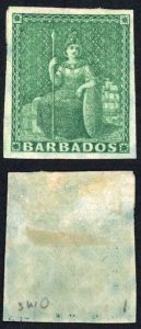 Barbados SG2 (1/2d) Deep Green blued paper Four Margins Mint Cat 150 pounds