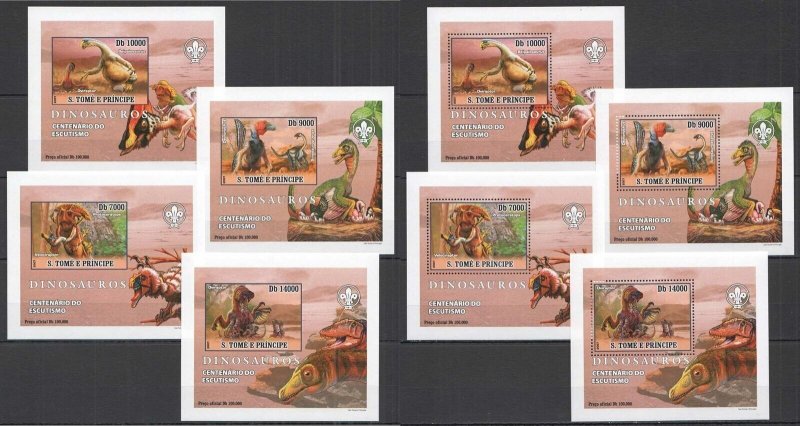 Oz0439 Imperf,Perf 2007 S.Tome & Principe Fauna Dinosaurs Scouting 8Bl Mnh