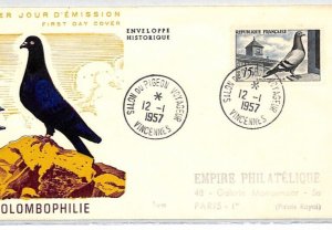 FRANCE 1957 FDC Colombophilie *SALON DU PIGEON* CDS First Day Cover BIRDS RF31