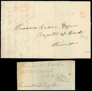 1846 Stampless BATH ME, PAID & Block 5- Reg. of Deeds, Encl PEARCE vs COOLER