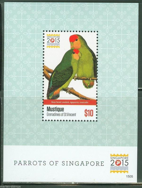 MUSTIQUE 2015 PARROTS OF SINGAPORE  S/S CONJUNCTION WITH SINGAPORE 2015 MINT NH