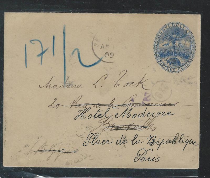 SEYCHELLES  (P2408B) 15C TURTLE PSE 1909 SENT TO PARIS