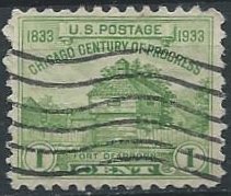 US 728 (used) 3¢ Century of Progress: Fort Dearborn (1933)