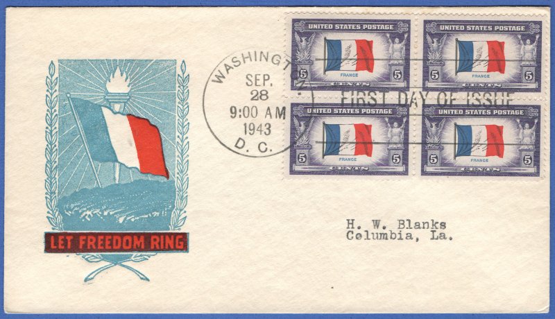 US 1943  Sc 915a  5c FRANCE Overrun Nation block, Cachet FDC, Printing ERROR