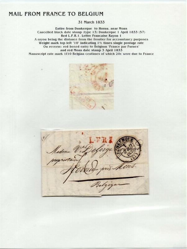 FRANCE Early LETTER/COVER 1833 fine used item Dunkerque - Hornu Belgium