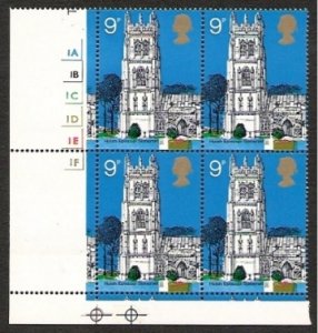 GB 1972 Churches 9p. Cylinder block of four MISSING PHOSPHOR.