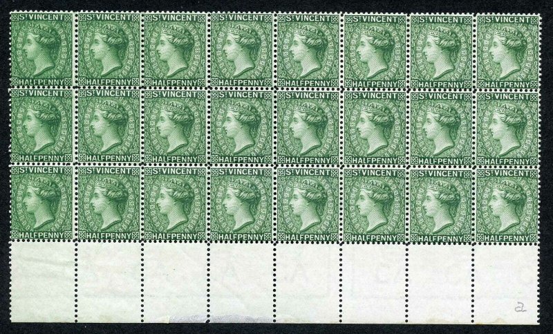 St Vincent SG47a 1/2d DEEP GREEN Wmk Crown CA Marginal Block of 24 U/M STUNNING