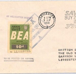 GB Air Mail Cover BEA 10d *HELICOPTER FLIGHT* Leicester 1954 Birmingham YW61