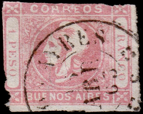 Argentina - Buenos Aires Scott 12 (1862) Used H G-F, CV $150.00 C