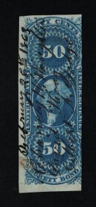 EXCELLENT GENUINE SCOTT #R63a FINE 1862-71 BLUE 1ST ISSUE SURETY BOND IMPERF