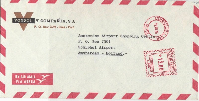 Peru 1976 Airmail Voyzol Co.Slogan Lima Cancel Meter Mail Stamps Cover Ref 29324 