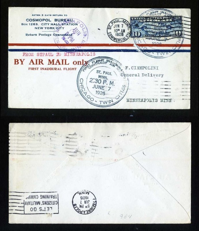 # C7 on CAM # 9 First Flight cover, ST. Paul, MN to Minneapolis, MN - 6-7-1926