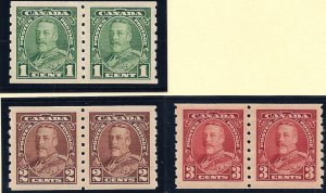 Canada 228 - 230, Coil Pairs, 239 is hinged  on one stamp, others MNH