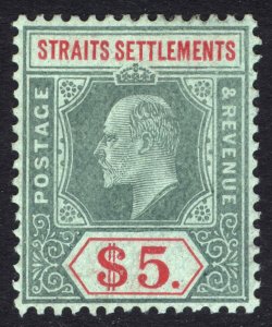 Malaya Straits 1909 $5 Green & red on grn Wmk MCA Scott 128 SG 167 MLH Cat $150