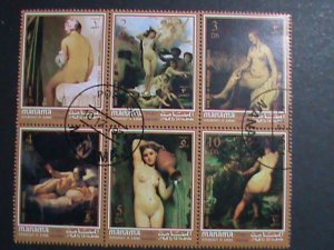 MANAMA 1971-WORLD FAMOUS NUDE ARTS PAINTING CTO BLOCKS OF 6 SET VERY FINE