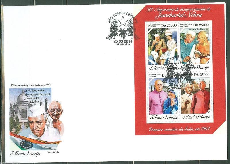 SAO TOME 2014 50th MEMORIAL NEHRU WITH GANDHI EINSTEIN QE II   MOTHER TERESA FDC