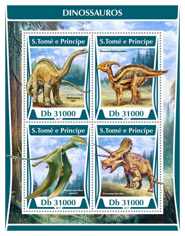 Sao Tome & Principe 2017 MNH Dinosaurs Apatosaurus Triceratops 4v M/S Stamps