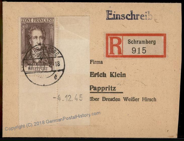 Germany French Zone Post WWII 1Fr EF Single Frank Cover 56327