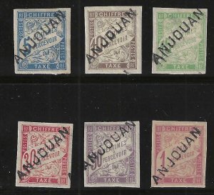 Anjouan, Postage Due Set of 6, Handstamped on French Colonies Stamps, Mint, H.