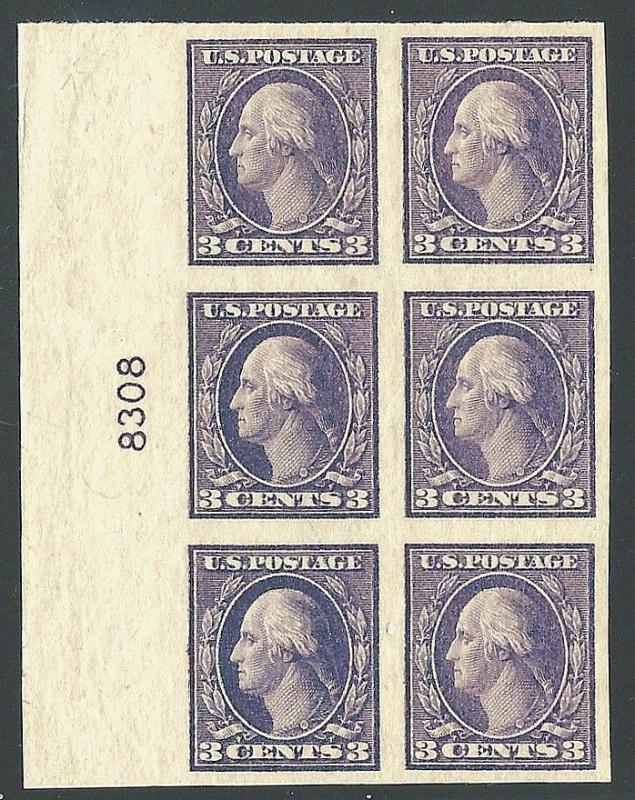 #484 XF Hinged OG-3¢ Washington Type II imperforated Plate Block (REM #484-PB1)