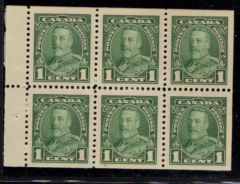 Canada Sc 217b 1935 1c green G V Booklet pane of 6 mint