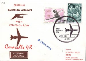 Austria Austrian Airlines Vienna to Rome 1964 1st Flight Cover