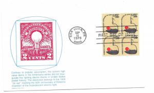 1608 50c Betty Lamp, Americana series, Carrollton block of 4 FDC