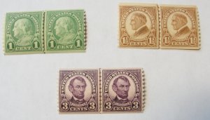 US Sc. #s 597 – 598 – 600 Coil Line Pairs - MNH