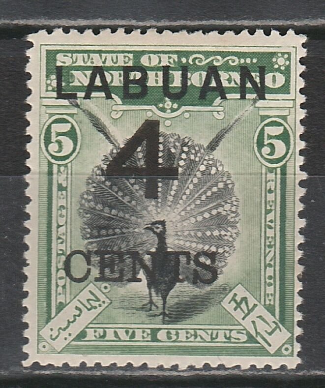 LABUAN 1899 LARGE 4C OVERPRINTED PEACOCK 5C