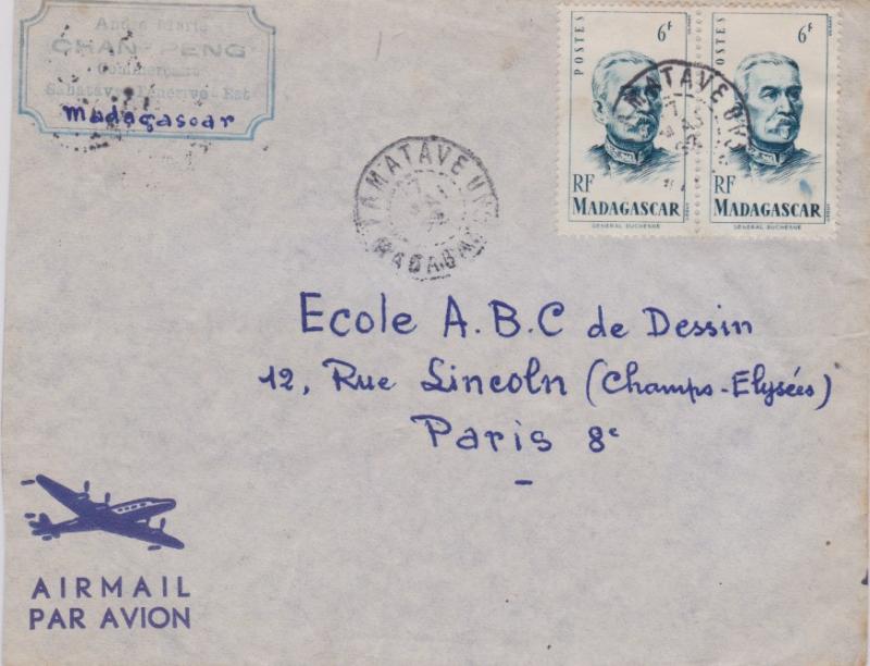 Madagascar 6F Duchesne (2) 1952 Tamatave, Madagascar Airmail to Paris, France...