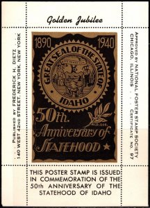 1942 US Poster Stamp 50th Anniversary of Idaho Statehood Souvenir Sheet MNH