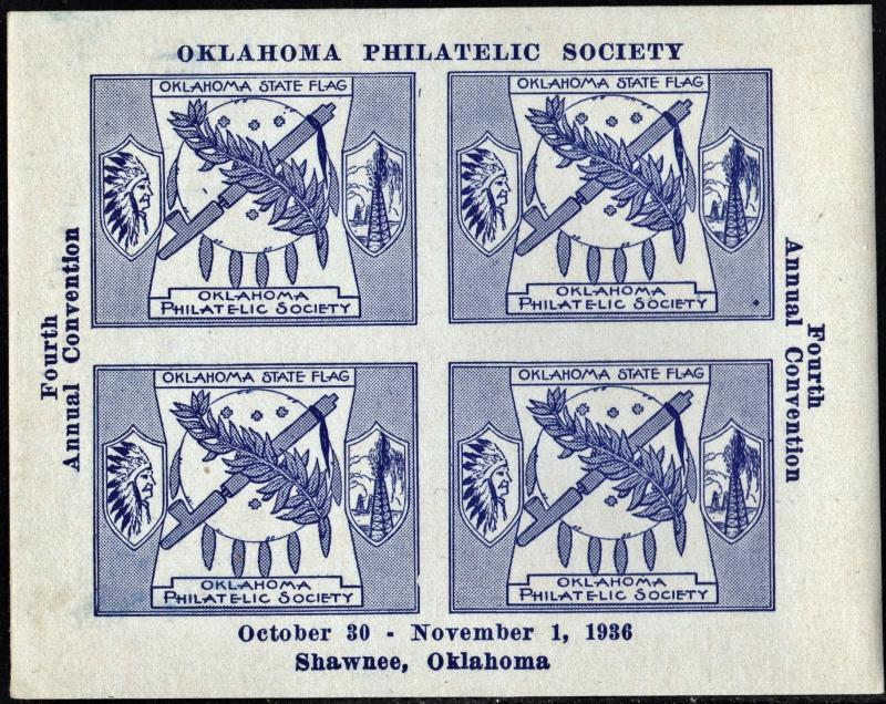 Oklahoma Philatelic Society Souvenir Sheet; 4th Annual Convention (1936) OG