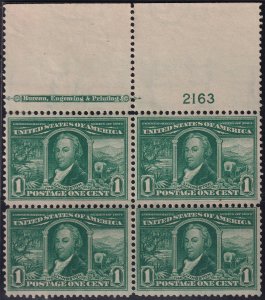 #323 Mint NH, F-VF, Plate number block of 4, imprint (CV $325) (CV $60 - ID42...