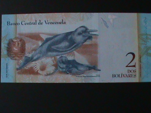 ​VENEZUELA-2012 -CENTRAL BANK-$2 LOVELY DOLPHIN- POLYMER NOTE-UNC-VF-WATER MARK