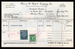 1951 WARREN YORK & CO STOCK BROKERS RECEIPT WITH NY AND PA REVENUES FRONT & BACK