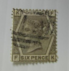 c1880 Great Britain SC #62 Plate 16  used six pence stamp