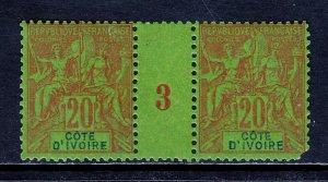 IVORY COAST — SCOTT 9 — 1892 20c RED ON GREEN — MH — GUTTER PAIR — SCV $42